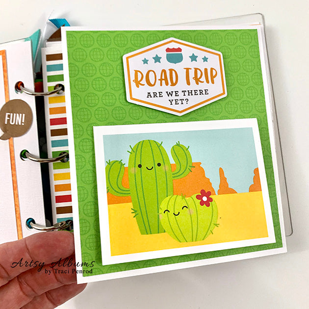 Travel Camping Scrapbook Album page with a desert scene, a folding card, and a cute cactus