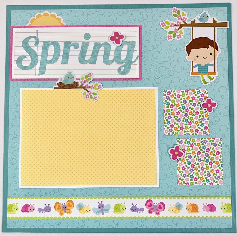 12x12 Spring scrapbook page layout with flowers, butterflies, and birds