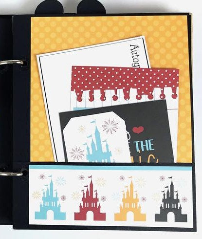 Disney Themed Scrapbook Album Page with a castle, a pocket, and cute journaling cards