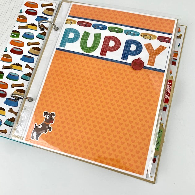 Dog Lover Scrapbook Album Page with food bows, collars, and brown puppy sticker
