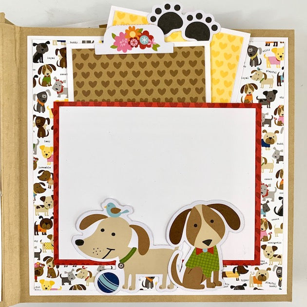 Easily Distracted By Dogs Scrapbook Album page with dogs, hearts, a pocket, and journaling cards