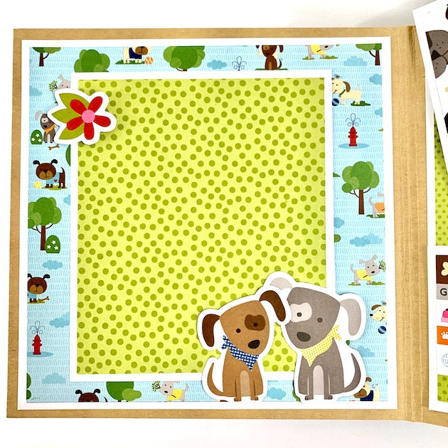 Easily Distracted By Dogs Scrapbook Album page with dogs, polka dots, fire hydrants, and trees