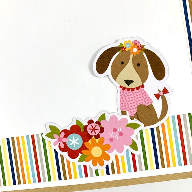 Easily Distracted By Dogs Scrapbook Album page with colorful stripes and a dog wearing a flowers crown