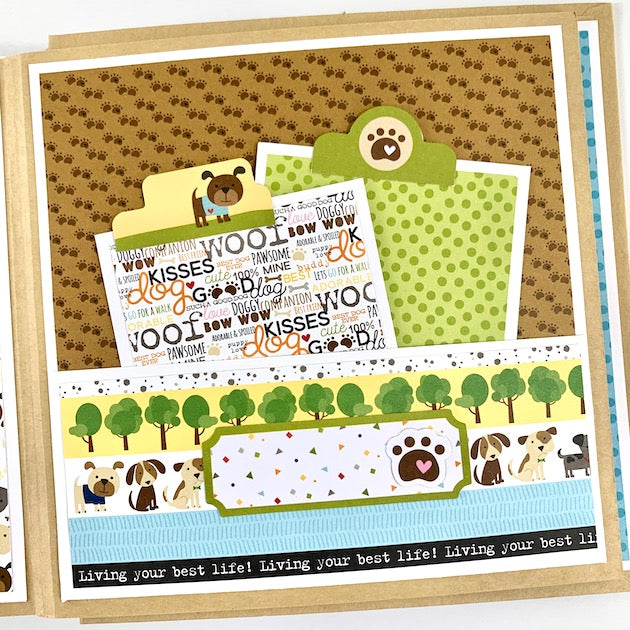 Dog Scrapbook Album page with a pocket, journaling cards, pawprints, and trees