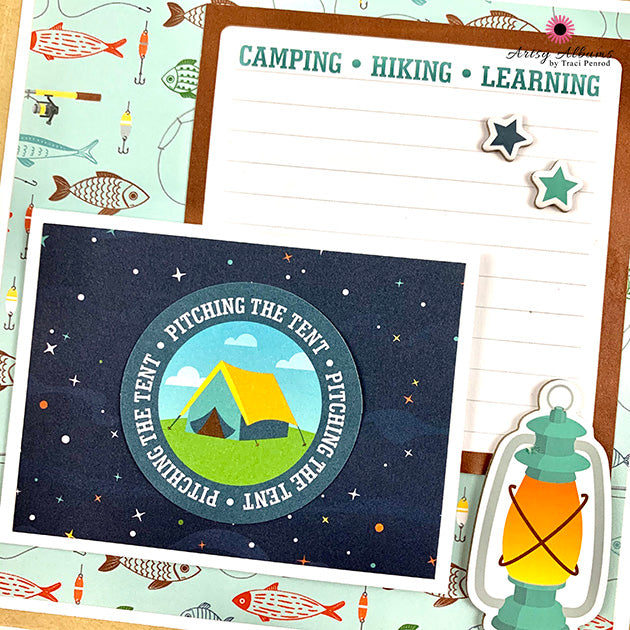 Outdoor Adventure Scrapbook Album Page with fish, fishing lures, camping tent, and lantern