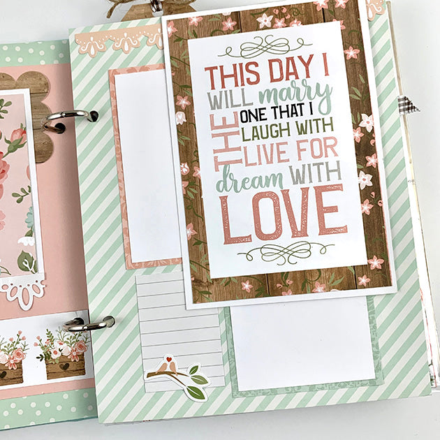 Our Wedding Day Scrapbook Album Page with lots of pretty flowers, stripes, photo mats, and woodgrain papers