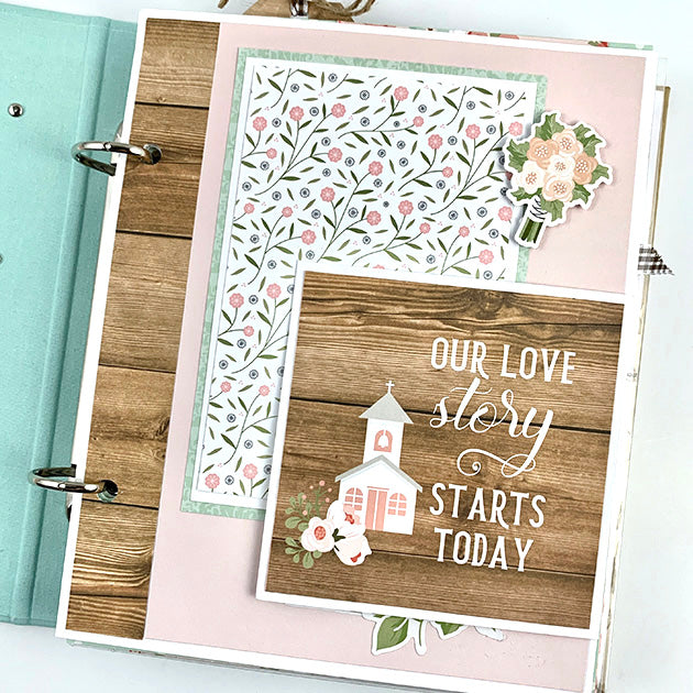 Our Wedding Day Scrapbook Album Page with lots of pretty flowers, a church, a folding element, and woodgrain papers