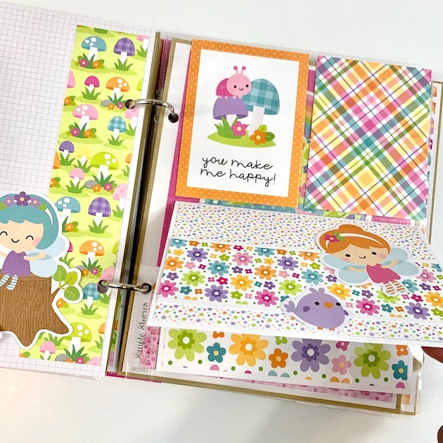Fairy scrapbook album page with ladybug, bird and folding card