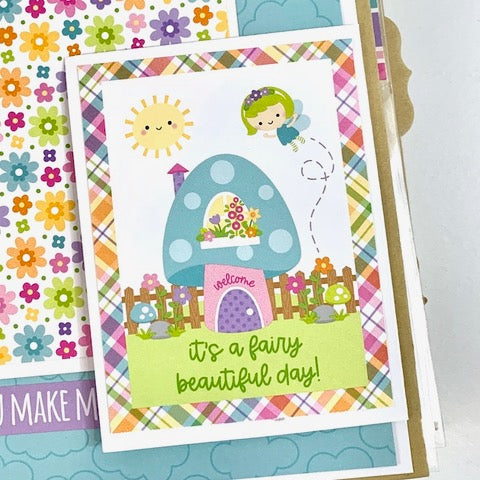 Fairy scrapbook album page with mushroom house flip-up card