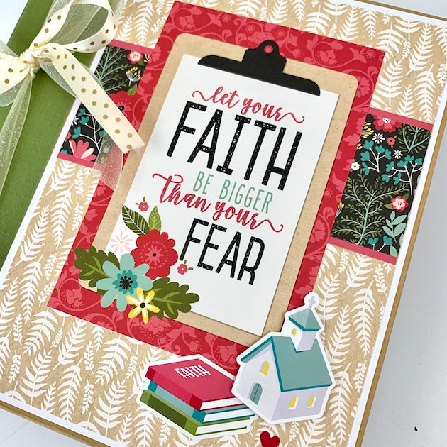 faith scrapbook album cover with flowers, church, and books