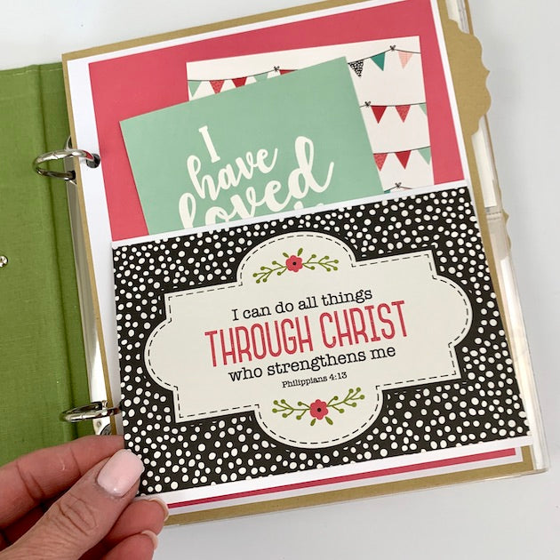 faith scrapbook album page with pocket and flip up card