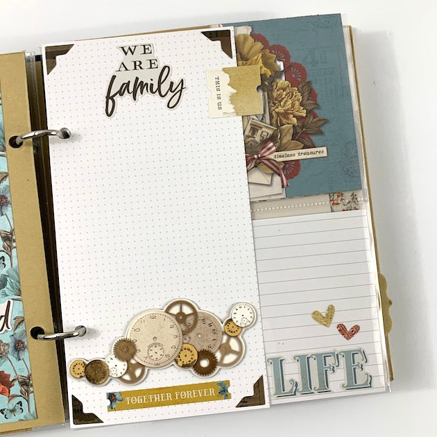 Family is Forever Ancestry Scrapbook Album page with gorgeous flowers, butterflies, and vintage watch parts and gears