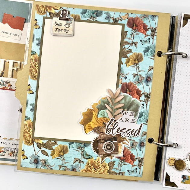 Family is Forever Ancestry Scrapbook Album page with gorgeous flowers, butterflies, and a vintage camera