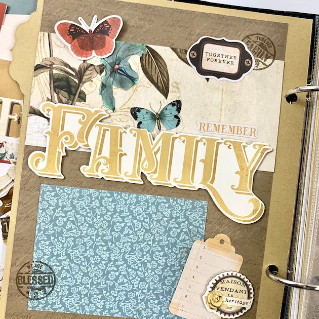 Family is Forever Ancestry Scrapbook Album page with gorgeous flowers, butterflies, and vintage embellishments