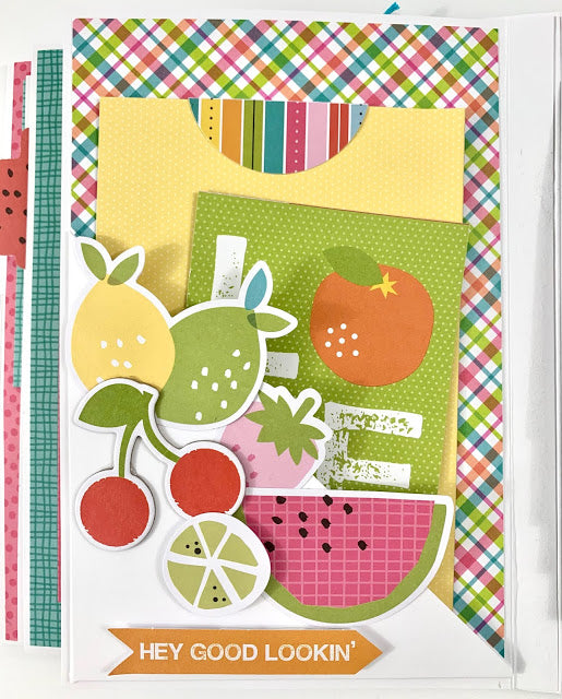 Family Folio Scrapbook Album Page with a colorful fruit, a pocket, and journaling cards