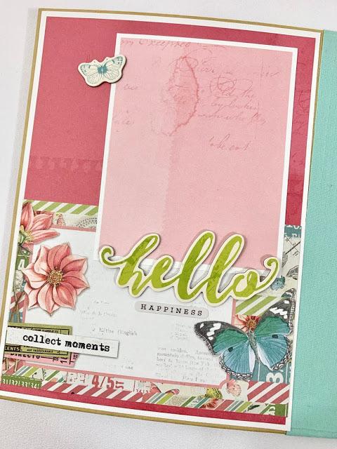 Good Life Spring Scrapbook Album page with flowers, butterflies, & pink photo mats
