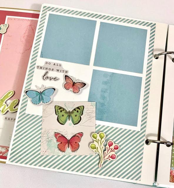 Good Life Spring Scrapbook Album page with flowers, butterflies, stripes, & photo mats