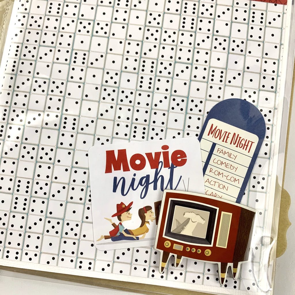 Family Time retro inspired scrapbook album page for movie night with dice and a television