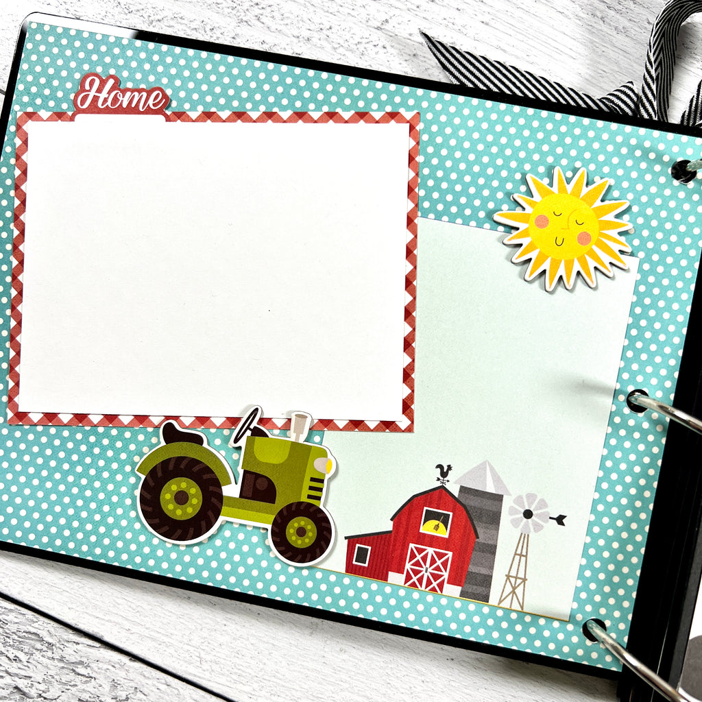 Farm Scrapbook mini album page with a barn, tractor, and sunshine