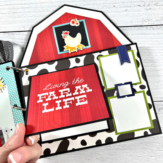 Farm Scrapbook mini album page shaped like a barn with a folding card, a rooster, and a cow print