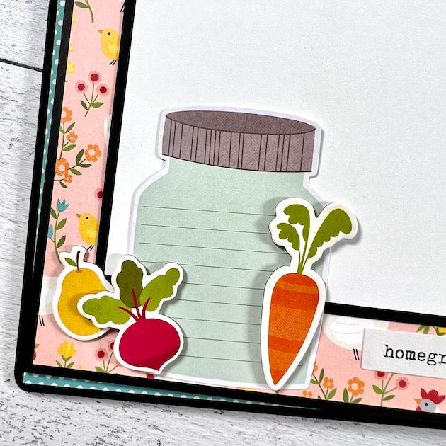 Farm Scrapbook mini album page with flowers, vegetables, and a cute jar shaped journaling spot