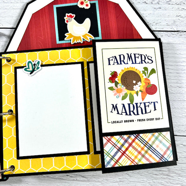 Farm Scrapbook mini album page that's shaped like a barn with a fun folding card, sunflowers, and a rooster