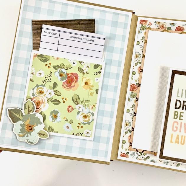 Good Things Scrapbook Album page with flowers, a pocket, and journaling cards