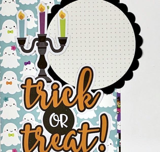 12x12 Halloween Scrapbook page with ghosts & candelabra