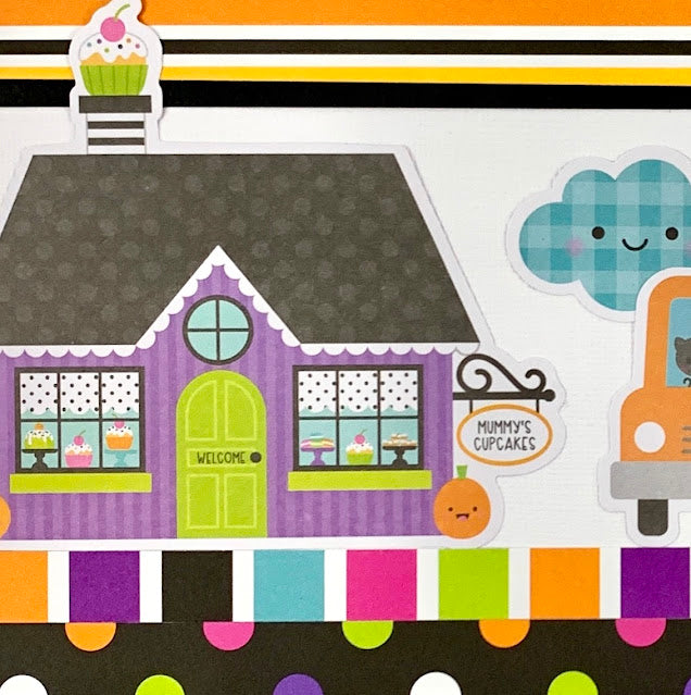 12x12 Halloween Scrapbook page with cute purple house