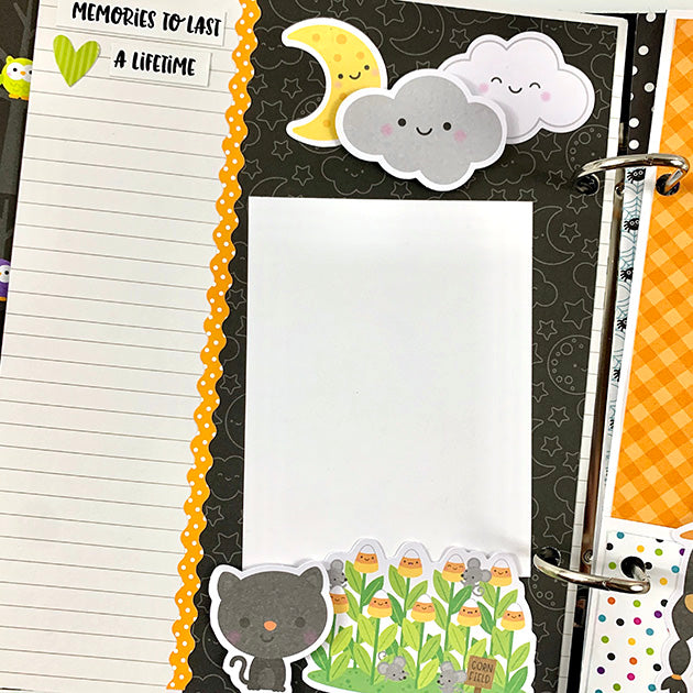Halloween Scrapbook Album Page with cat, candy corn and journaling card