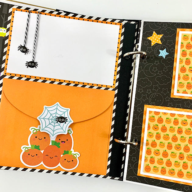 Halloween Scrapbook Album with pumpkins, spiders and envelope