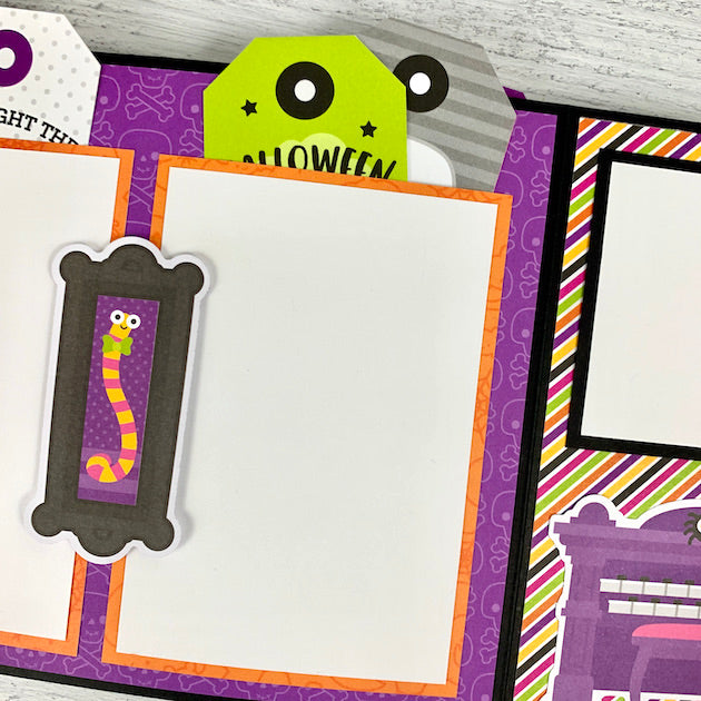 Halloween Scrapbook Album Page with worm, pockets and tags