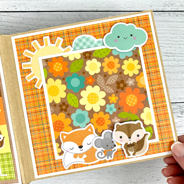 Fall Scrapbook Album Page with colorful flowers, leaves, and forest animals