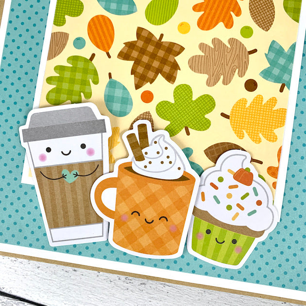 Fall Scrapbook Album Page with autumn leaves, coffee, hot chocolate, & a cupcake