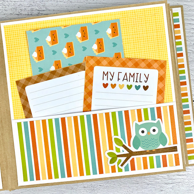 Fall Scrapbook Album Page with a pocket, journaling cards, an owl, & little slices of pie