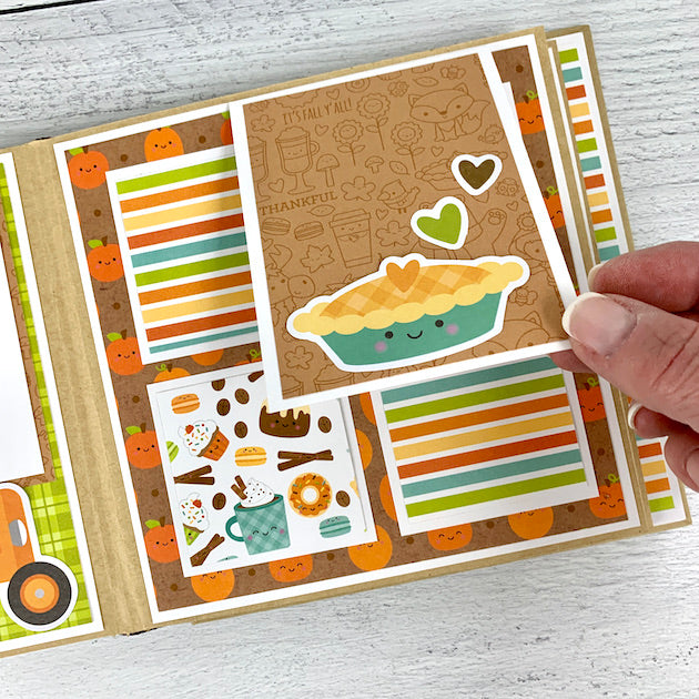 Fall Scrapbook Album Page with a pie, pumpkins, and warm autumn colors