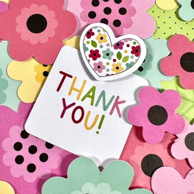 Handmade thank you greeting card with flowers and hearts