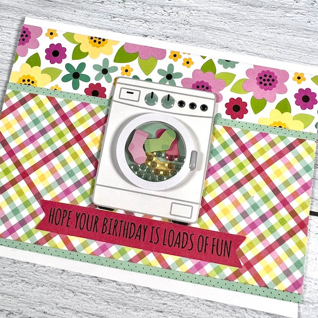 Handmade birthday greeting card with shaker, washing maching, socks, & bubbles