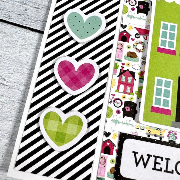 Handmade Happy Place welcome card with hearts & house