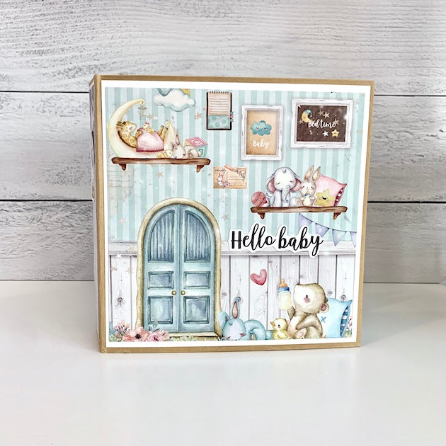 Hello Baby Gender Neutral Scrapbook Album with soft pastel colors and sweet animals