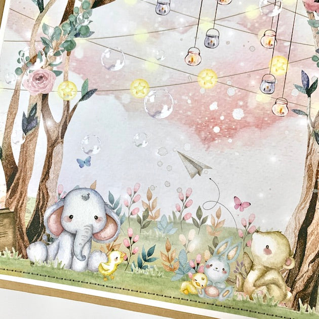 Hello Baby Scrapbook Album page with a dreamy outdoor scene with twinkle lights and baby animals