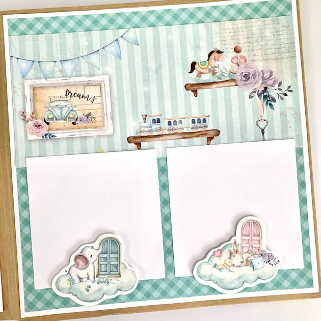 Hello Baby Scrapbook Album page with a nursery scene and baby animals