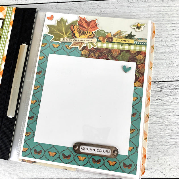 Hello Fall Scrapbook Album Page with Leaves and a Butterfly