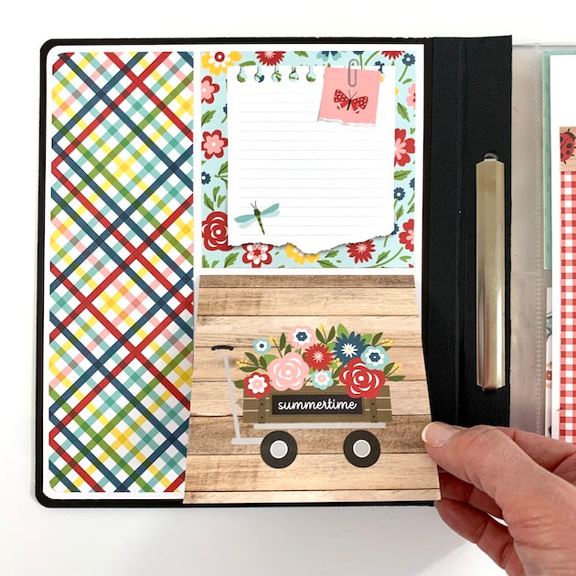 hello summer scrapbook album page with flip-up card and flowers