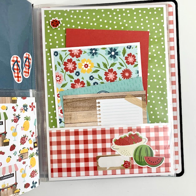 hello summer scrapbook album page with pocket and journaling cards