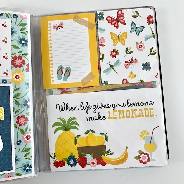 hello summer scrapbook album page with journaling space, butterflies and fruit