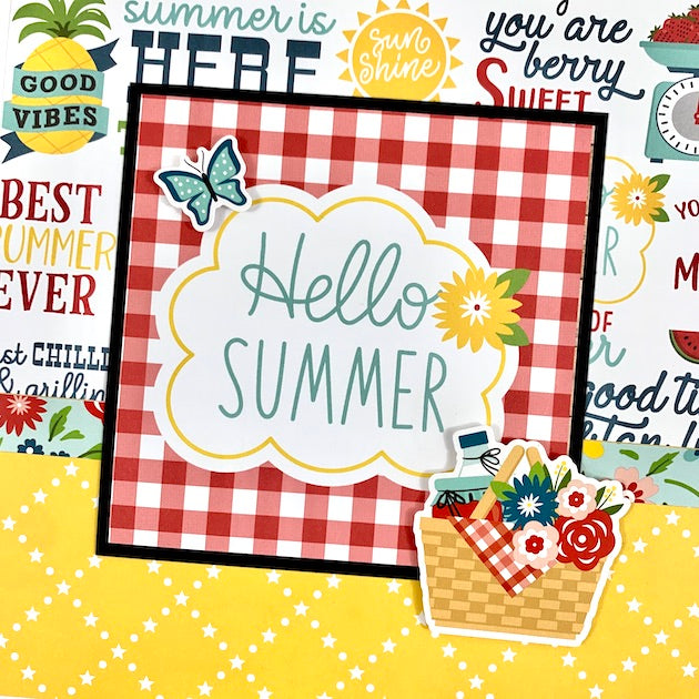 hello summer scrapbook album with picnic basket sunshine & butterfly