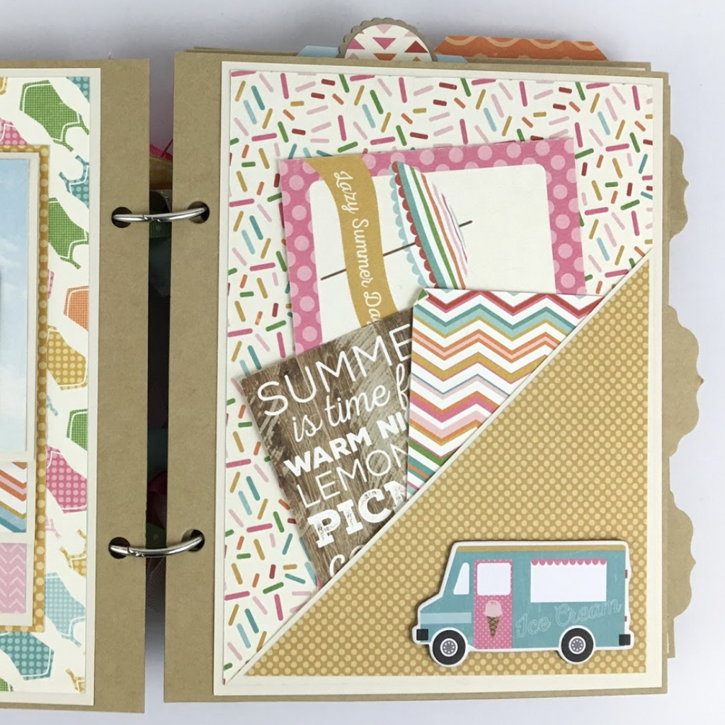 Hello Summertime Scrapbook Album Page with sprinkles, an ice cream truck, and a pocket