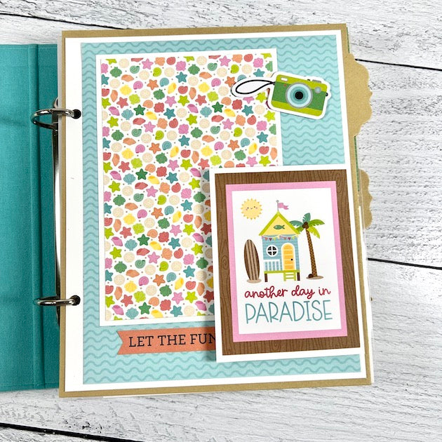 Hello Paradise Summer Scrapbook Album page with camera, seashells and beach house