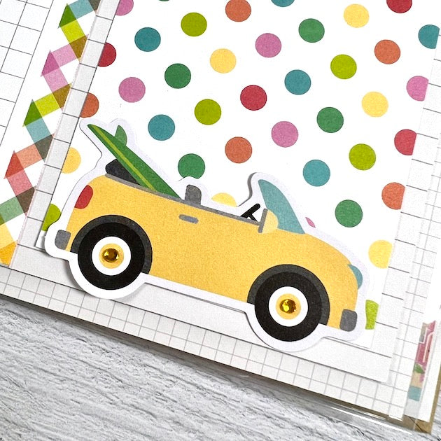 Hello Paradise Summer Scrapbook Album page with convertable car & surfboard